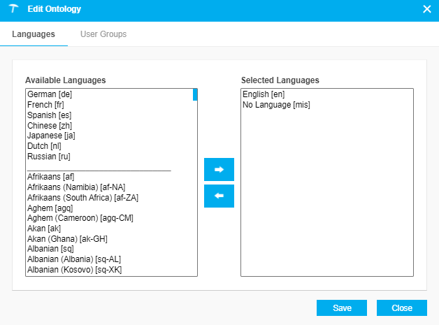 PoolParty's Edit Ontology dialog showing how to specify languages