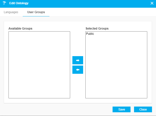 PoolParty's Edit Ontology dialog showing how to add user groups that will have access to the ontology